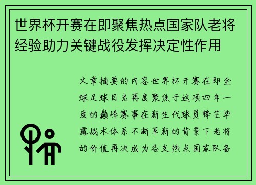 世界杯开赛在即聚焦热点国家队老将经验助力关键战役发挥决定性作用